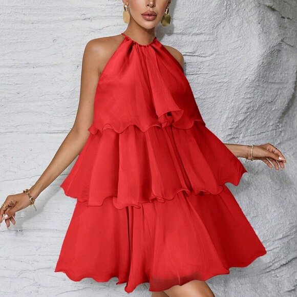 Red Casual Women's ruffled teired haltered mini Dress - Picture 4 of 6